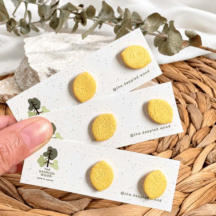 Handmade Leni lemon studs displayed on The Dappled Wood earring cards