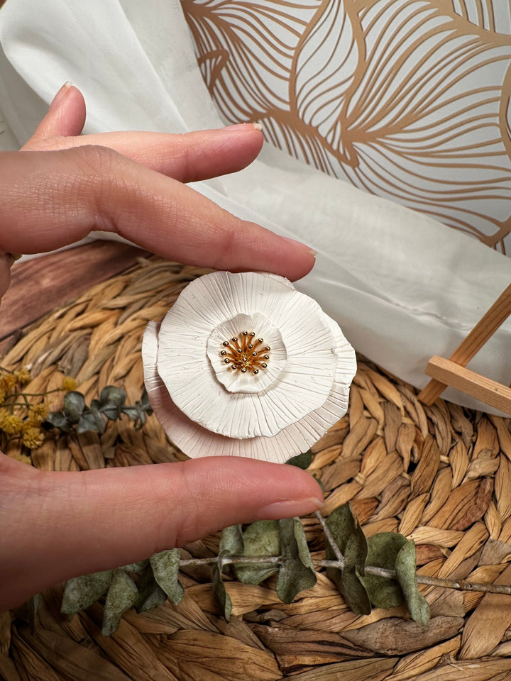 White Luisa circular flower statement stud earring shown between fingers for scale.