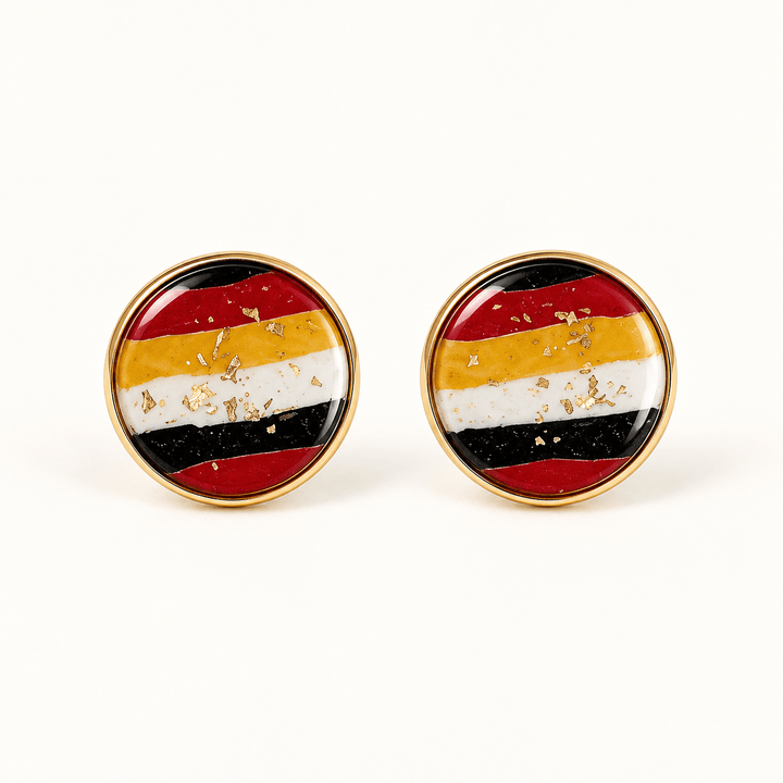 Maryland flag color stud earrings with red, yellow, black and white stripes in gold bezels