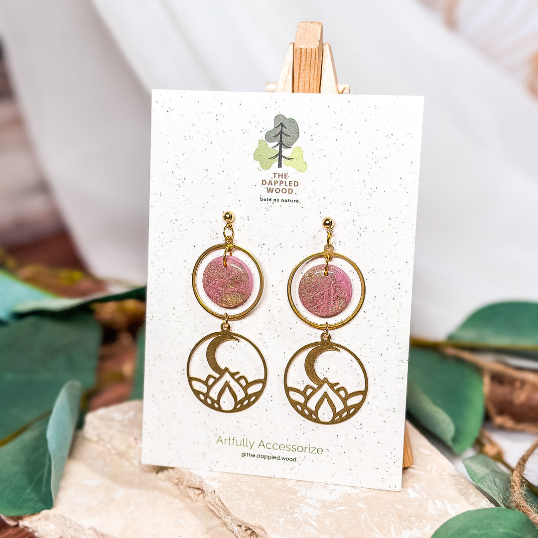 The Dappled Wood New Year 2025 pink earrings with moon lotus charm featuring 18k gold-filled ball posts, safe for sensitive ears.