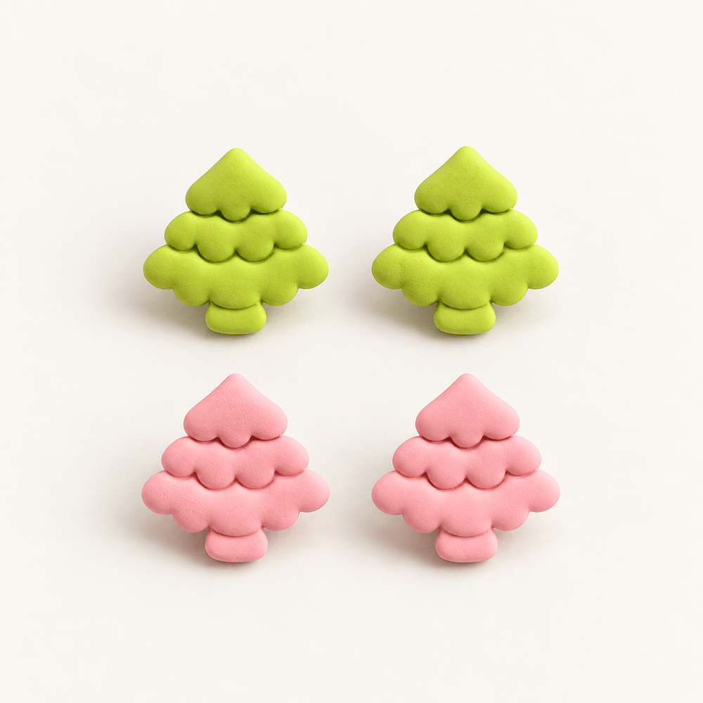 Noella matte scalloped Christmas tree stud earrings in lime green and pastel pink on white.