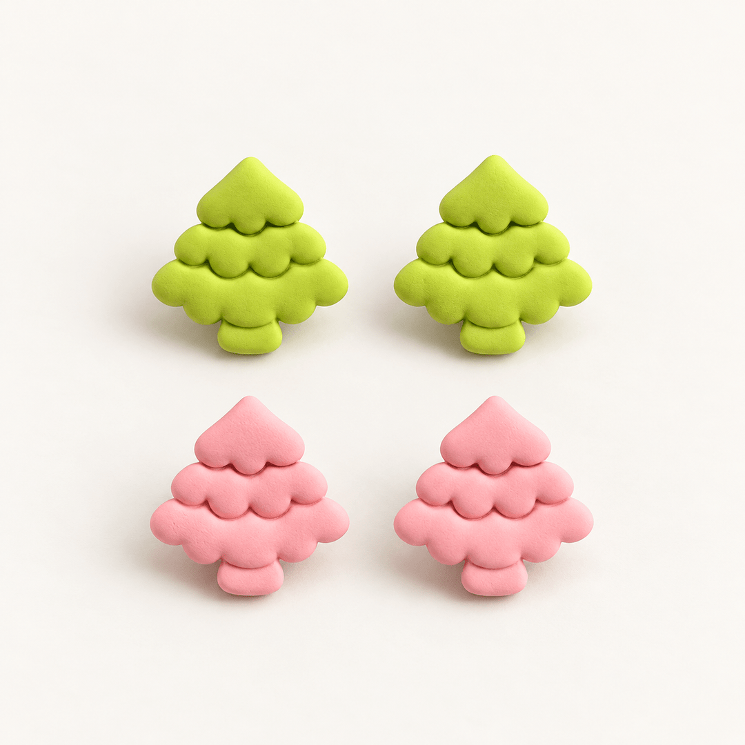 Noella matte scalloped Christmas tree stud earrings in lime green and pastel pink on white.