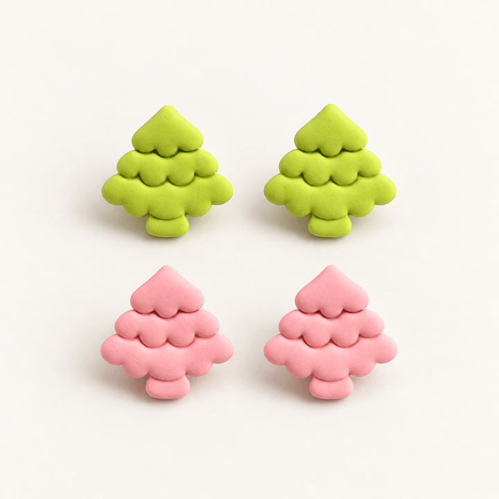 Noella matte scalloped Christmas tree stud earrings in lime green and pastel pink on white.