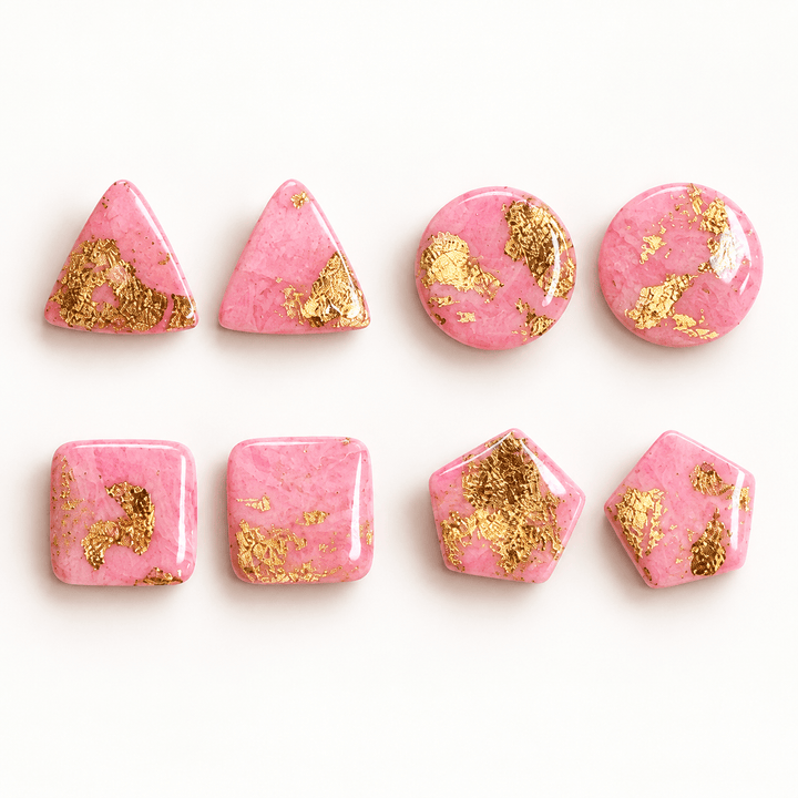 Odette pink marbled faux stone stud earrings with gold leaf in four geometric shapes