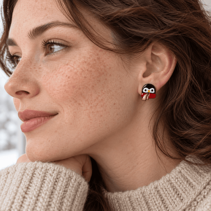 AI-generated styling preview of Pippa penguin stud earrings with gold scarf accents on a model with auburn waves; scale illustrative.