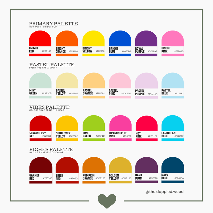 The Dappled Wood polymer clay earring color palette with jewel tones, pastels, brights, and neutrals.