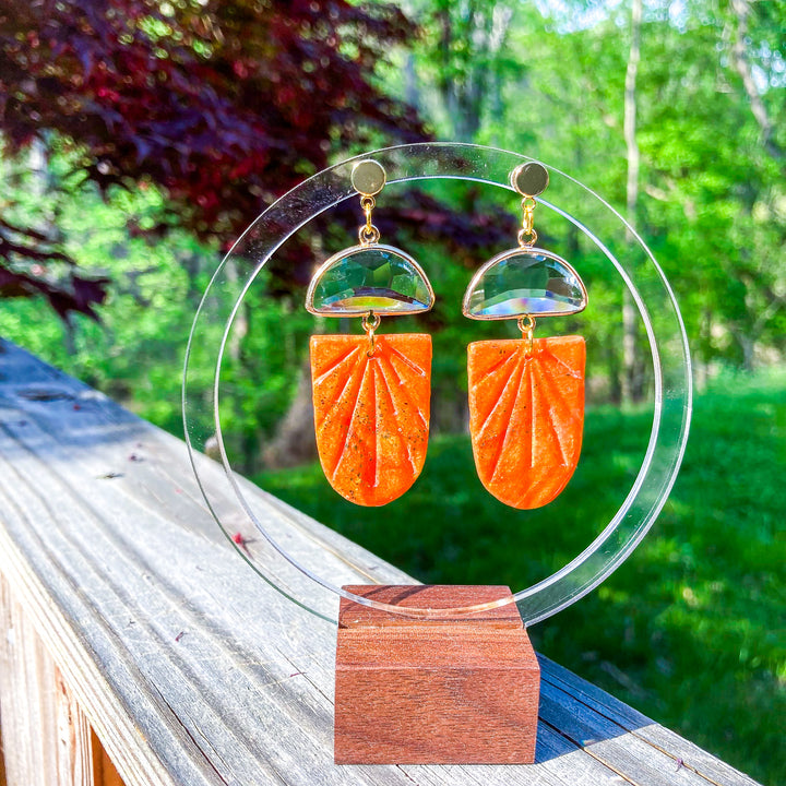 Raya 2 Dynamic Orange upside-down Arch Earrings half-moon glass gem Gold Circle Post.