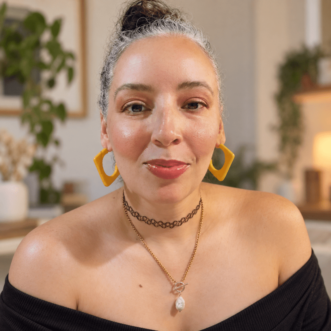 Woman wearing golden yellow Roxie chunky square hoop earrings by The Dappled Wood.