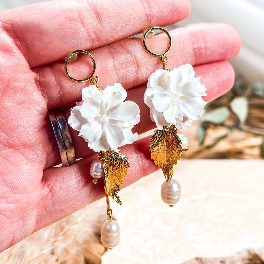Additional view of Sadie - Dangling Flower &amp; Pearls Earrings.