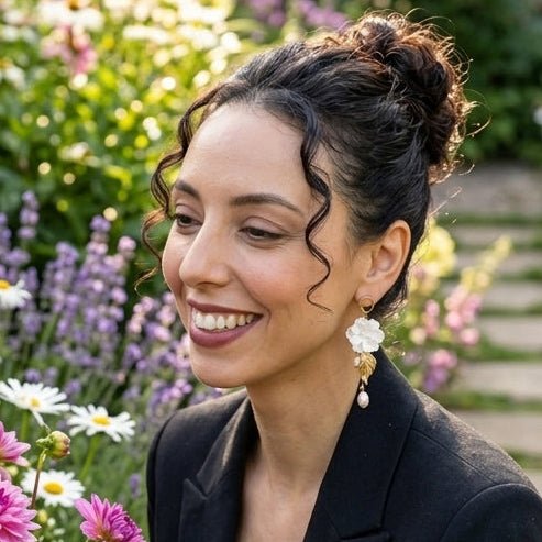 Additional view of Sadie - Dangling Flower &amp; Pearls Earrings.