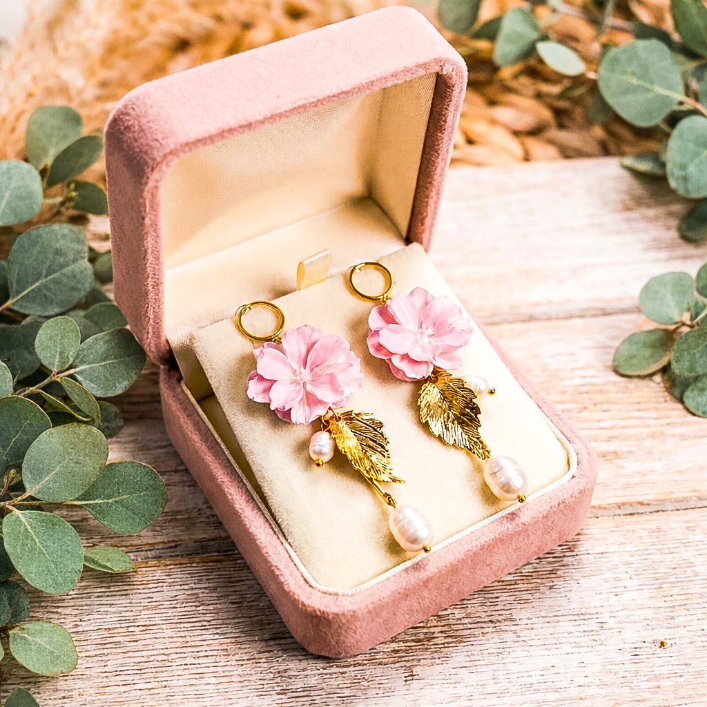 Sadie - Dangling Flower & Pearls Earrings displayed in a product photo.