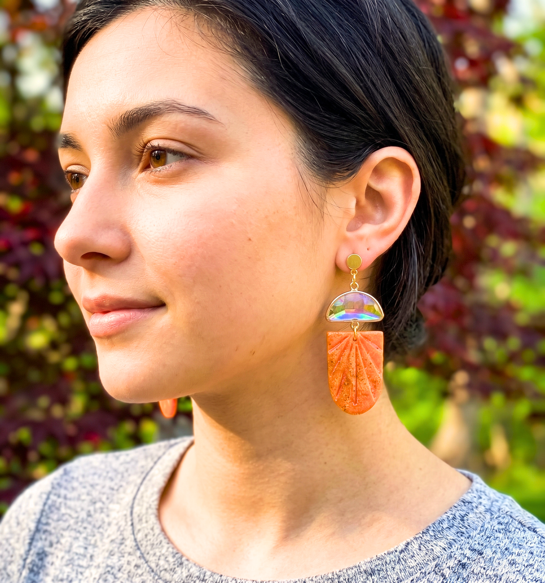 Raya | Long Orange Arches with Glass Charm Earrings