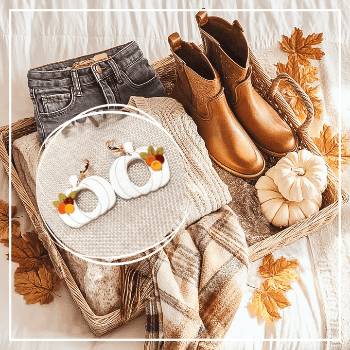 Autumn outfit inspiration featuring the Sylvia pumpkin earrings from The Dappled Wood. White pumpkin hoop earrings highlighted over a cozy fall outfit with boots, jeans, a sweater, a scarf, and pumpkins.