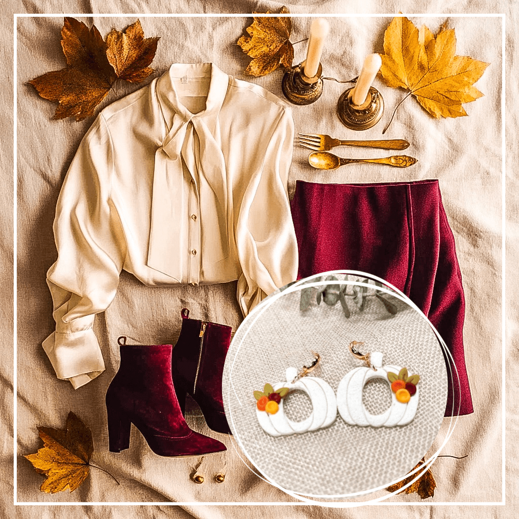 Thanksgiving outfit inspiration featuring the Sylvia pumpkin earrings from The Dappled Wood. White pumpkin hoop earrings highlighted over a styled flatlay with a cream blouse, burgundy skirt, velvet boots, fall leaves, and gold tableware.