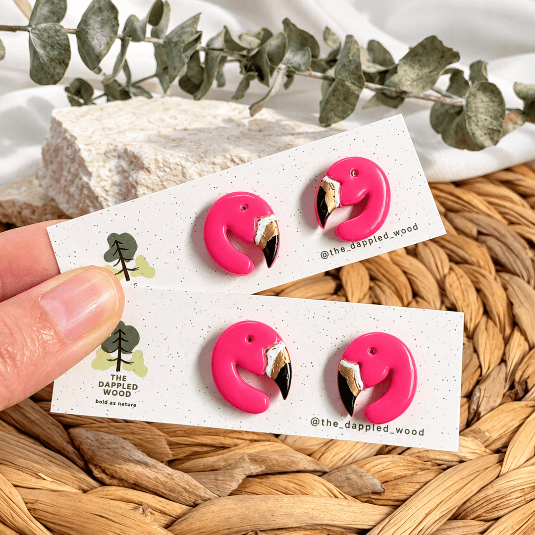 Handmade Tallulah pink flamingo studs on The Dappled Wood display cards
