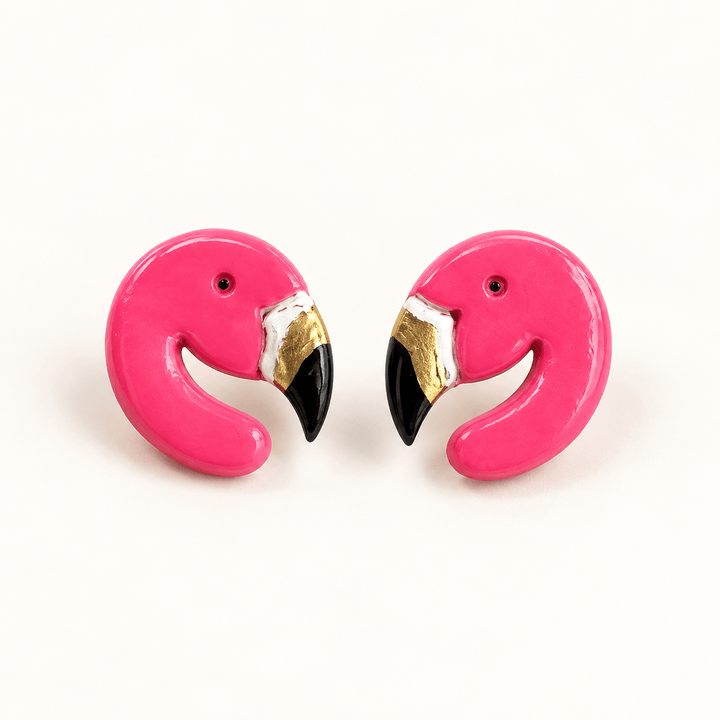 Tallulah hot pink flamingo stud earrings with painted black, white and gold beaks