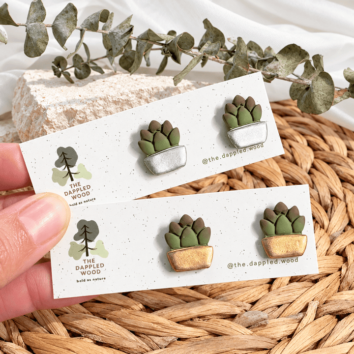 Handmade Tansy green succulent studs in metallic pots on display cards