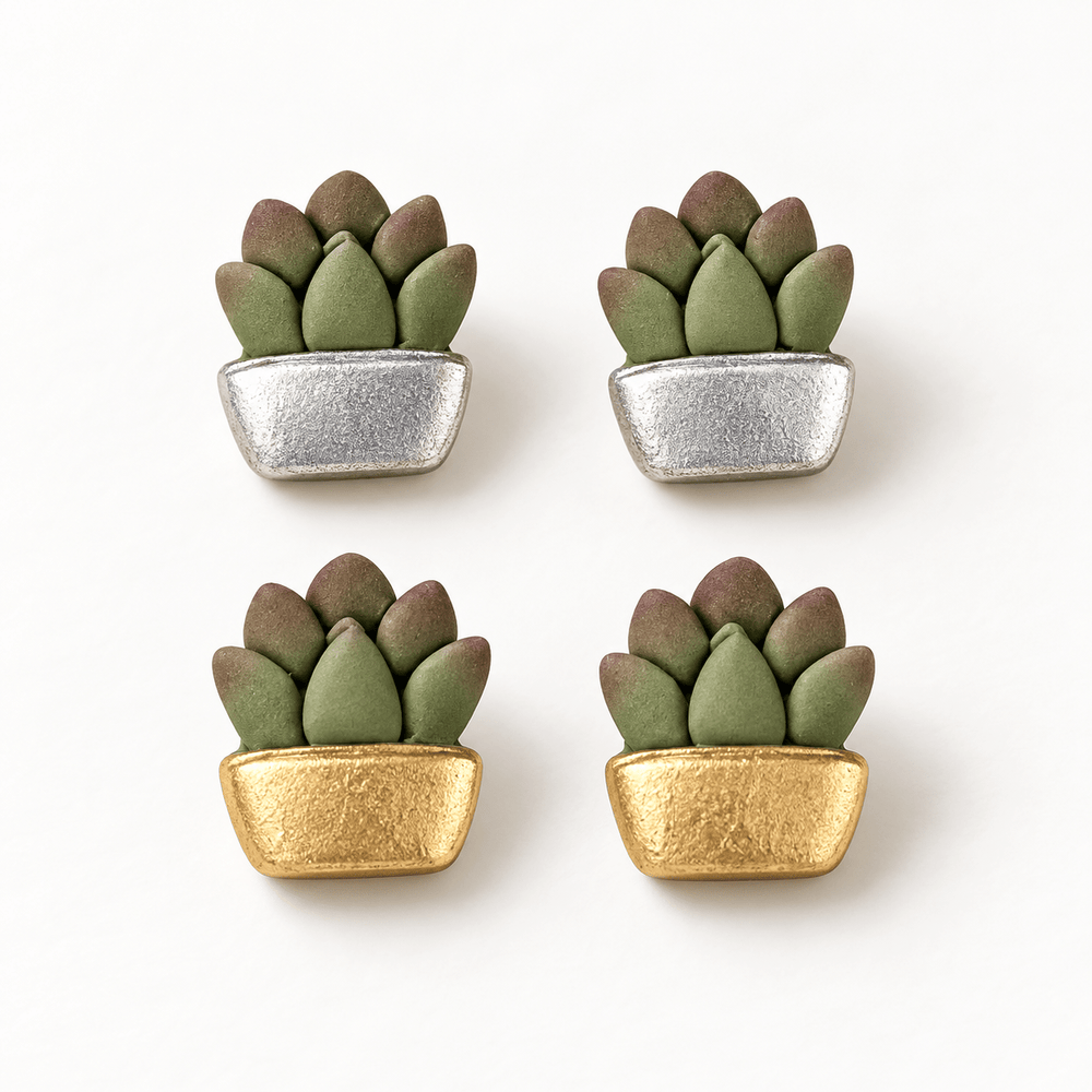 Tansy potted succulent stud earrings in gold and silver pot finishes