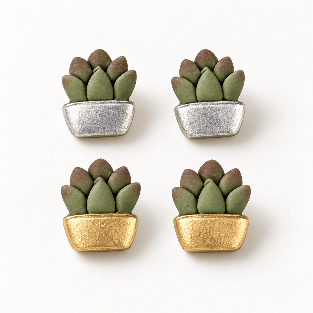 Tansy potted succulent stud earrings in gold and silver pot finishes