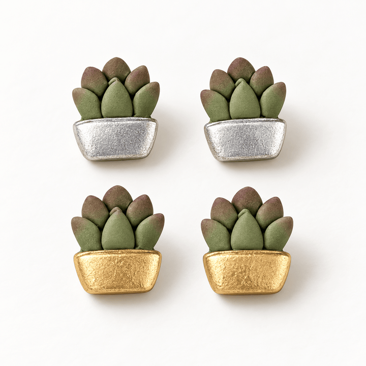 Tansy potted succulent stud earrings in gold and silver pot finishes