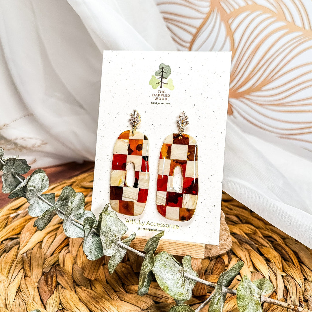 Additional view of Tori - Checkboard Tortoise Shell Earrings.