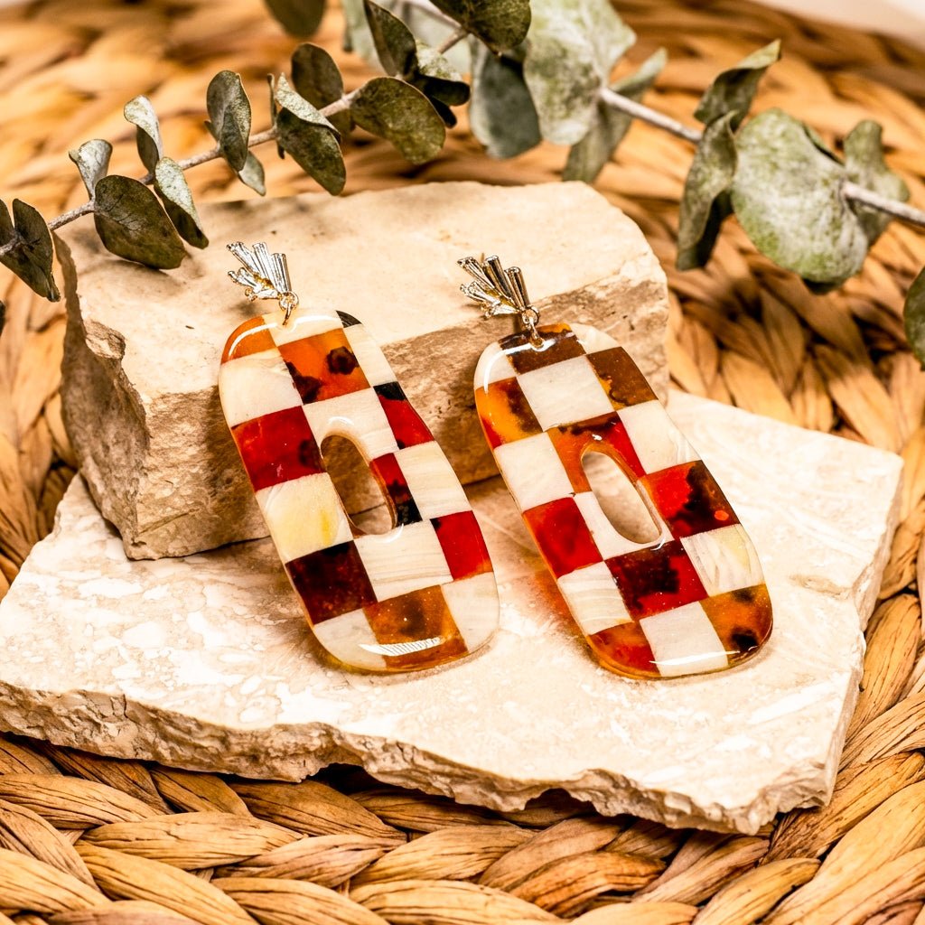 Tori - Checkboard Tortoise Shell Earrings displayed in a product photo.