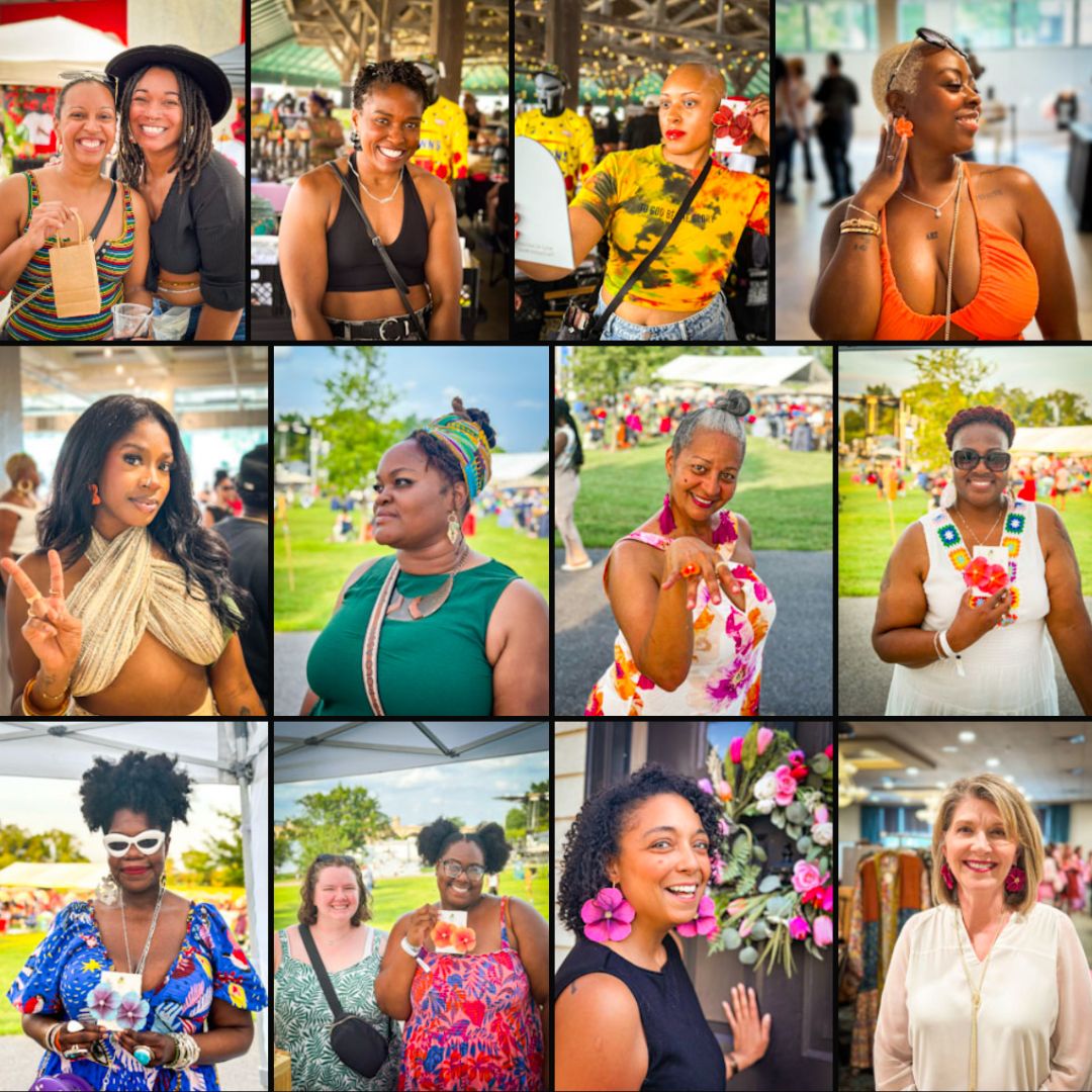 A photo grid of customers wearing colorful statement earrings from The Dappled Wood at markets and events, showing diverse styles and UGC moments with floral designs.