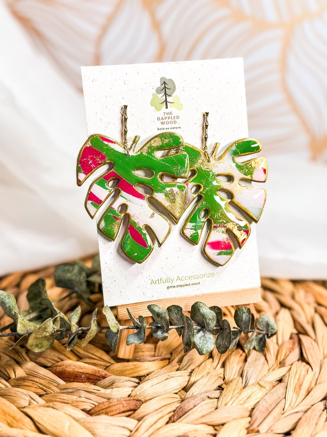 Valencia green, white, and pink marbled monstera statement earrings with hand-painted gold edges.