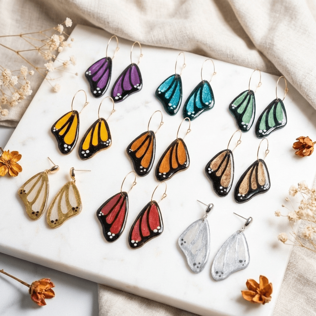 Additional view of Winged Whispers - Faux Butterfly Wing Earrings.