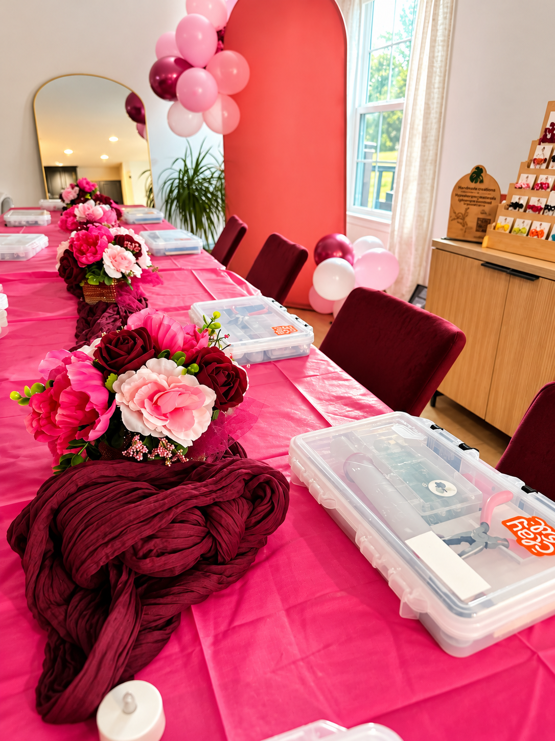 Pink and burgundy decorated table with tool kits ready for a private jewelry workshop