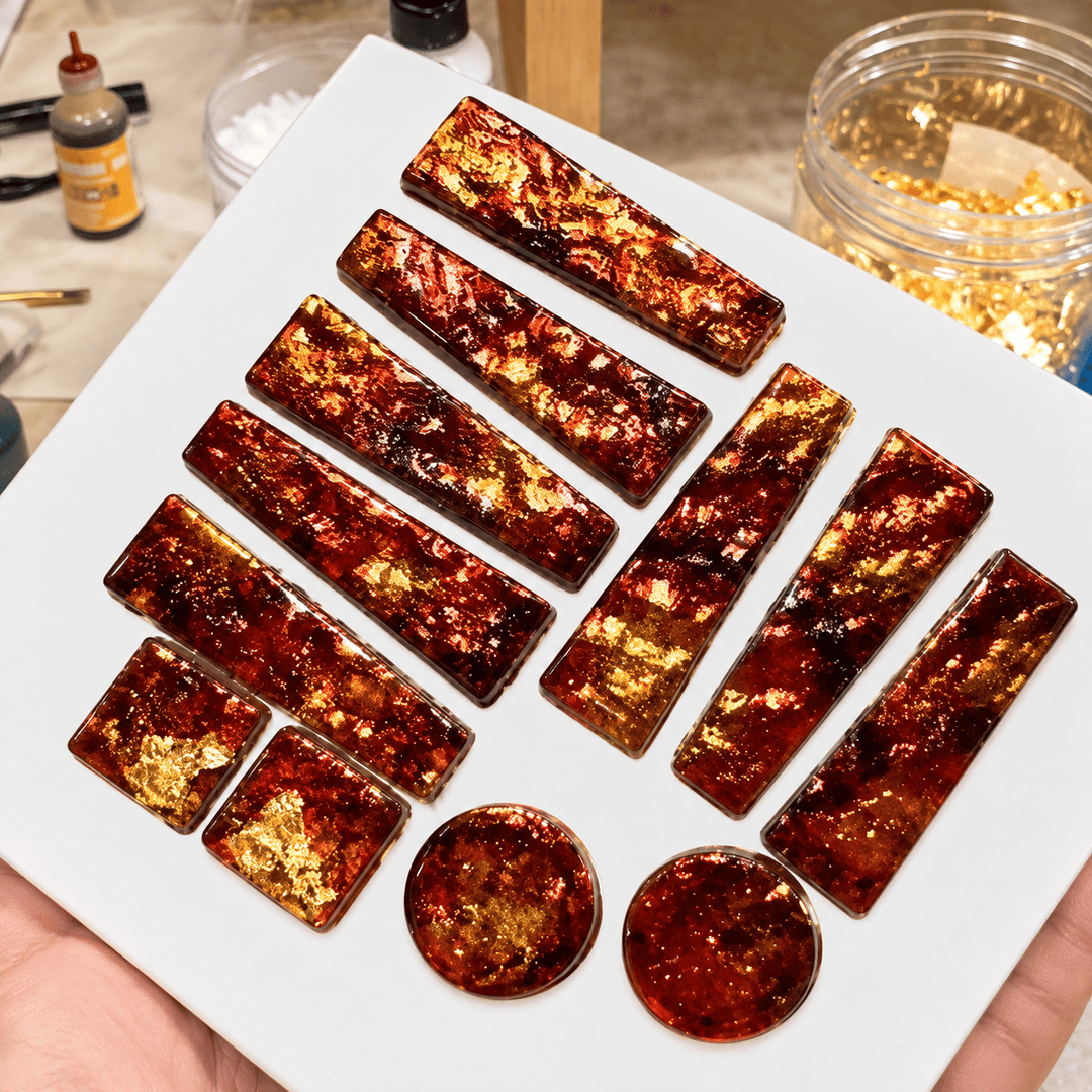 Faux Mexican fire opal components for Ximena tassel earrings being handmade in the studio.