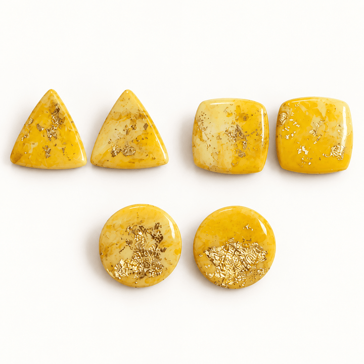 Zinnia yellow faux bumblebee jasper studs in Circle, Soft Square and Triangle shapes with gold flecks