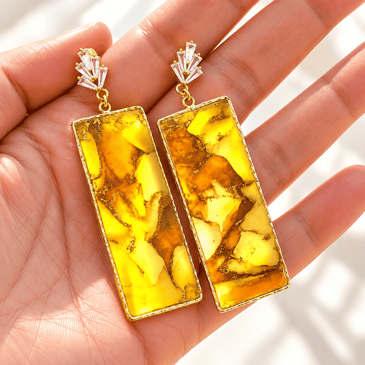 Zora faux bumblebee jasper statement earrings with gold frames and Art Deco crystal posts.