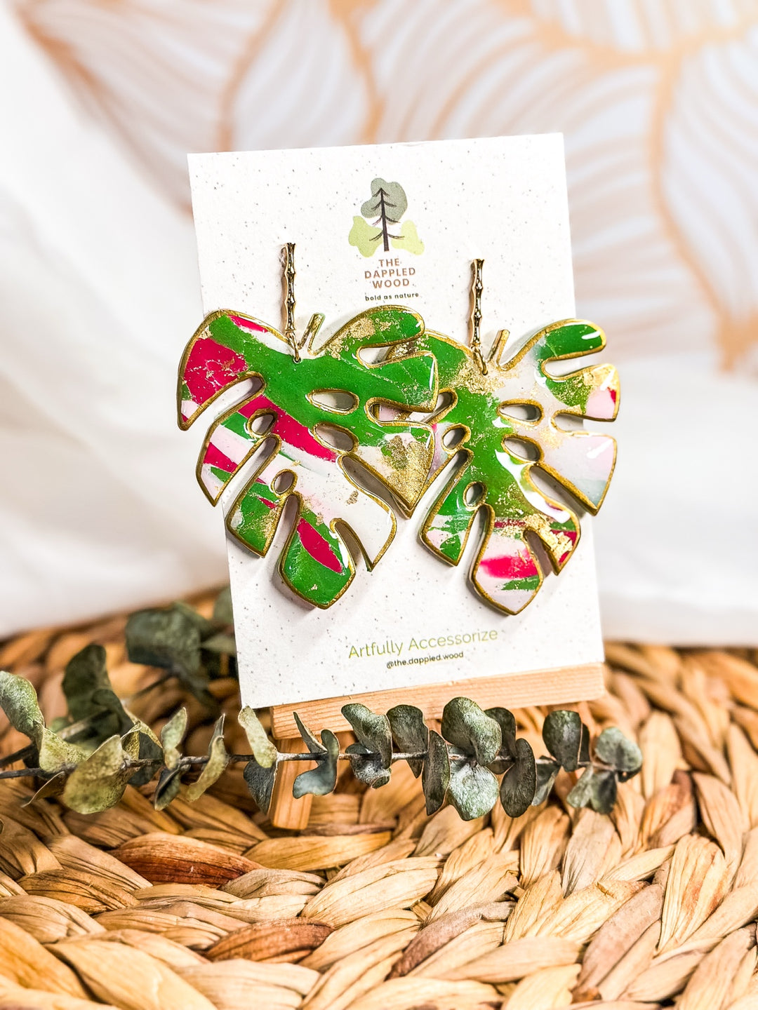 Valencia extra large variegated monstera statement earrings with green, pink, white and gold details