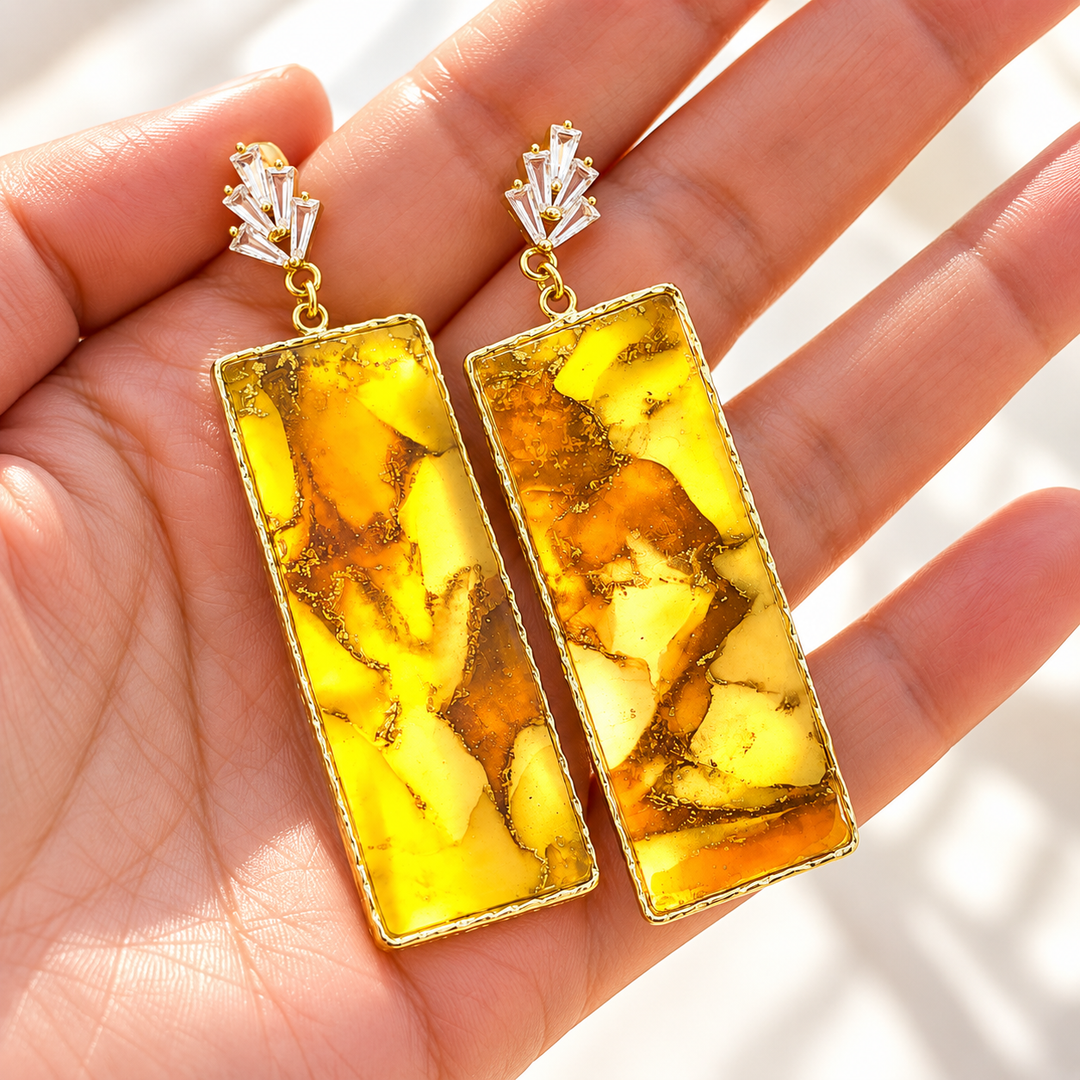 Zora faux bumblebee jasper statement earrings with gold frames and Art Deco CZ posts by The Dappled Wood.